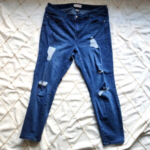 Molly & Isadora Distressed Straight Leg Jeans | Medium Blue Wash Denim | Size 16